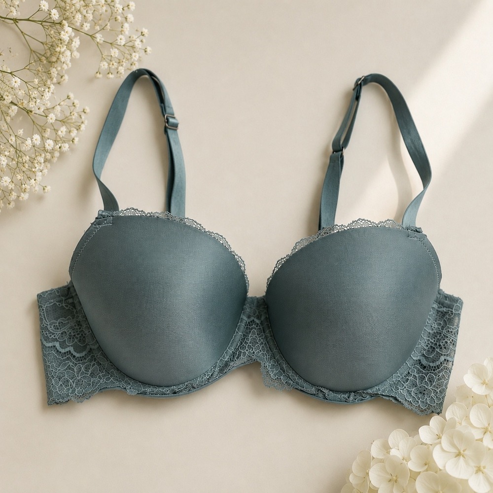 Victoria's Secret 38D Teal Gray Lace Push Up Padded Underwire Plunge Bra